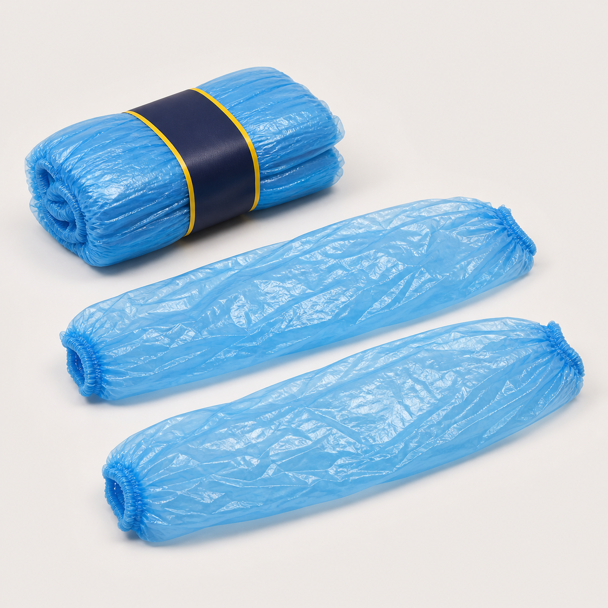 Blue polyethylene disposable sleeve protectors with elastic ends
