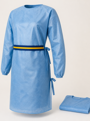 Blue disposable protective smock with long sleeves and waist ties