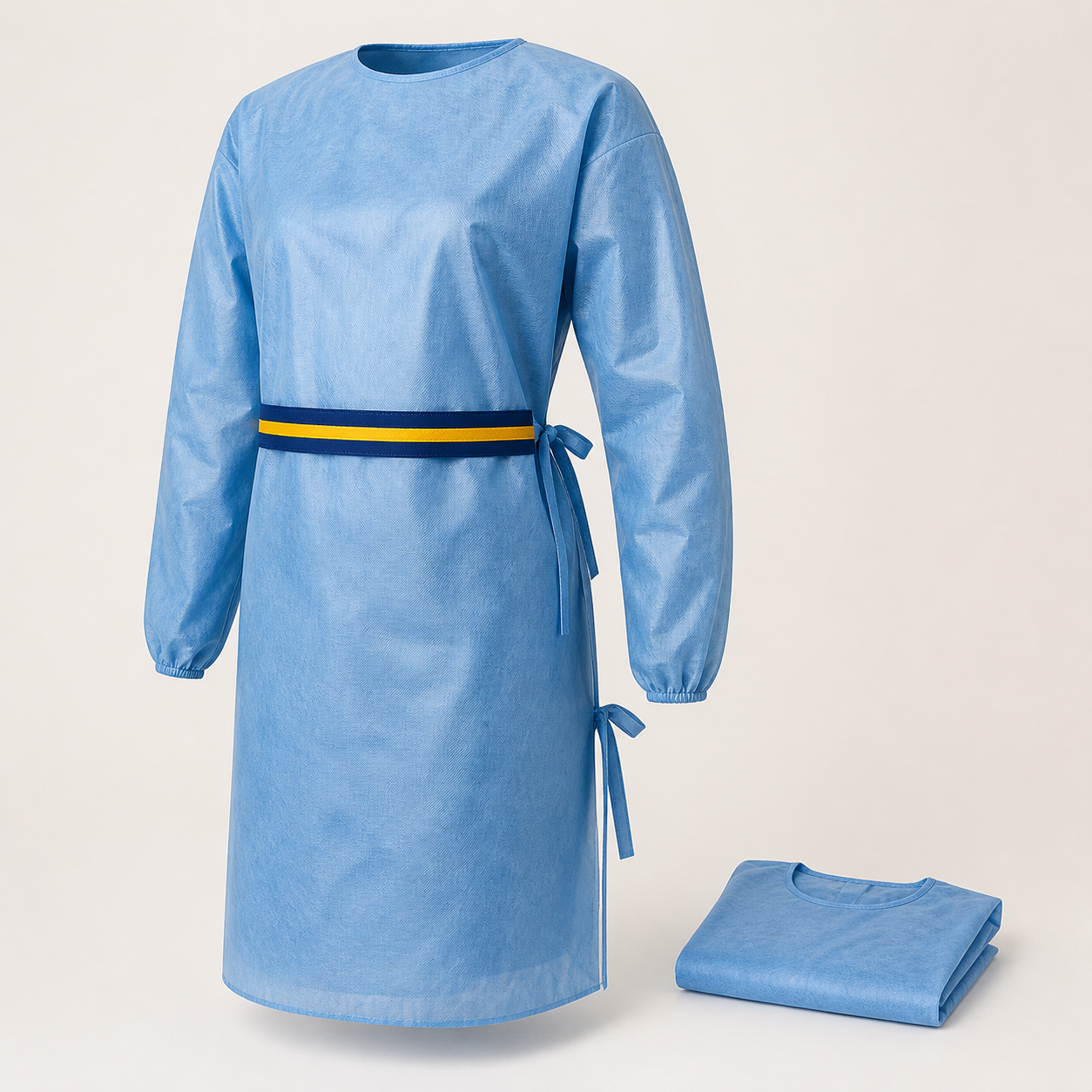 Blue disposable protective smock with long sleeves and waist ties