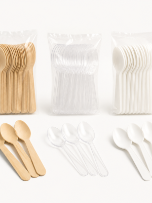 Disposable birchwood clear and white catering spoons