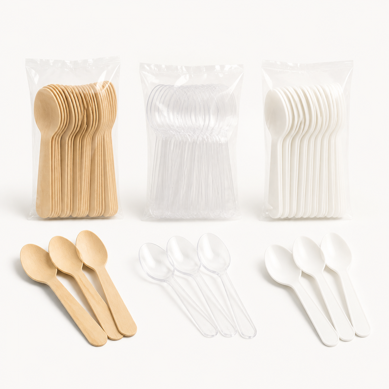 Disposable birchwood clear and white catering spoons