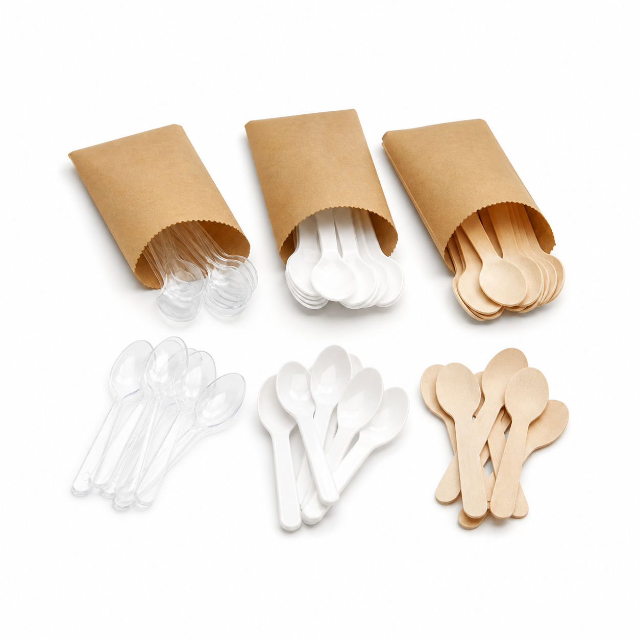 Small disposable clear white and birchwood teaspoons