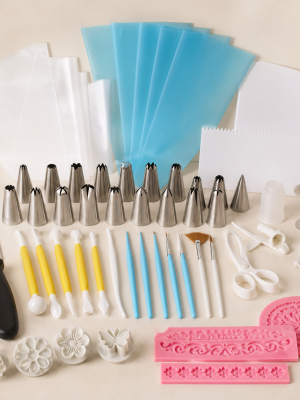 Coordinated DIY cake decorating tools tips bags moulds and scrapers