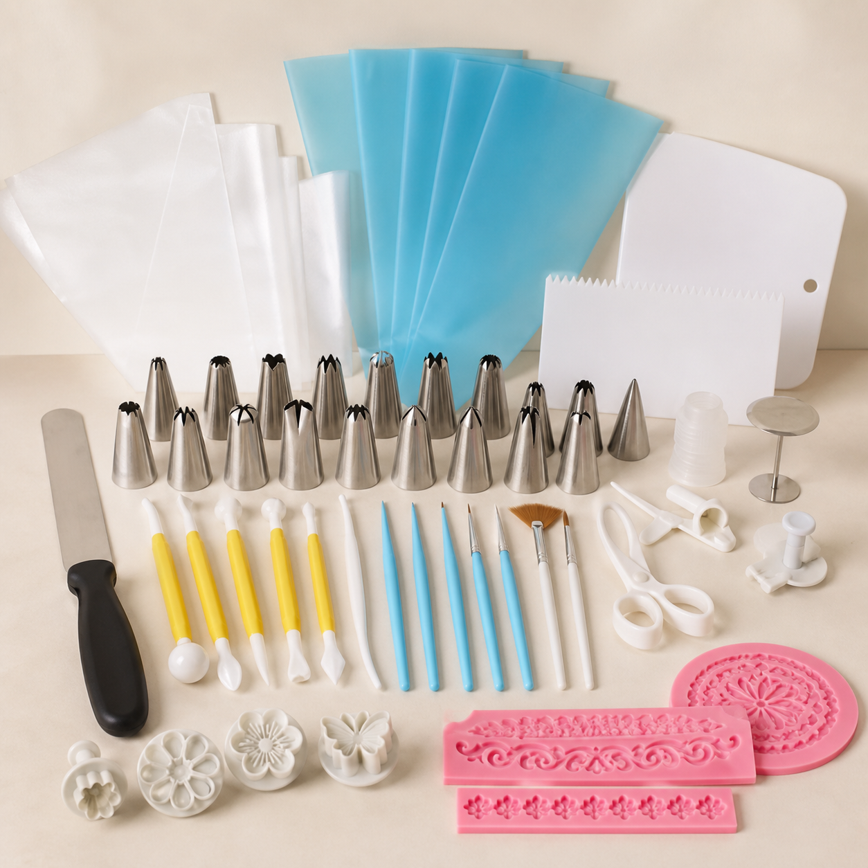 Coordinated DIY cake decorating tools tips bags moulds and scrapers