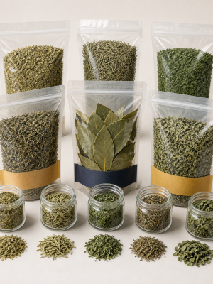 Assorted dried culinary herbs in clear refill pouches and jars