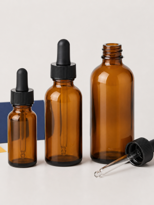 Empty amber glass dropper bottles in assorted sizes