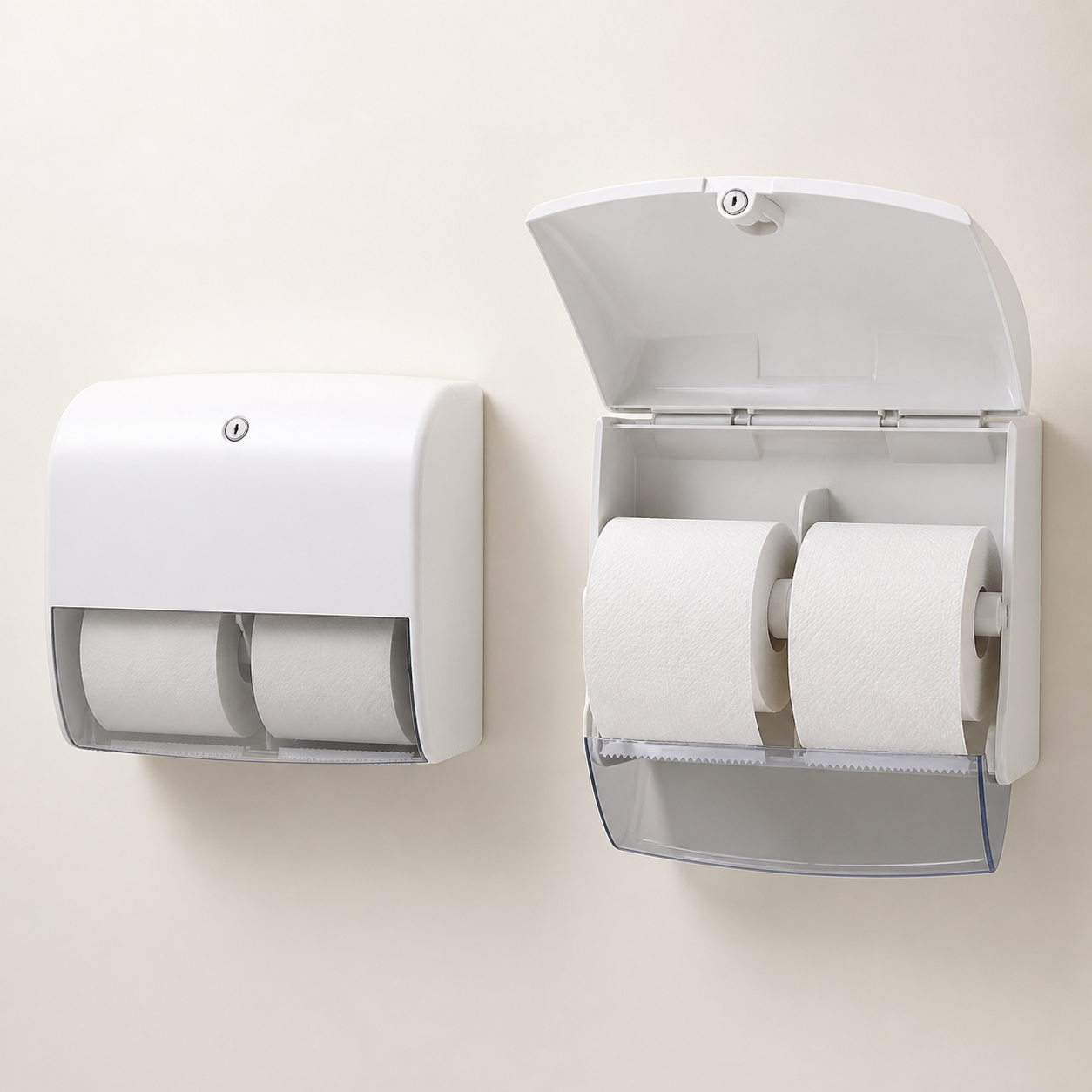 Lockable commercial dual toilet roll dispenser with translucent window