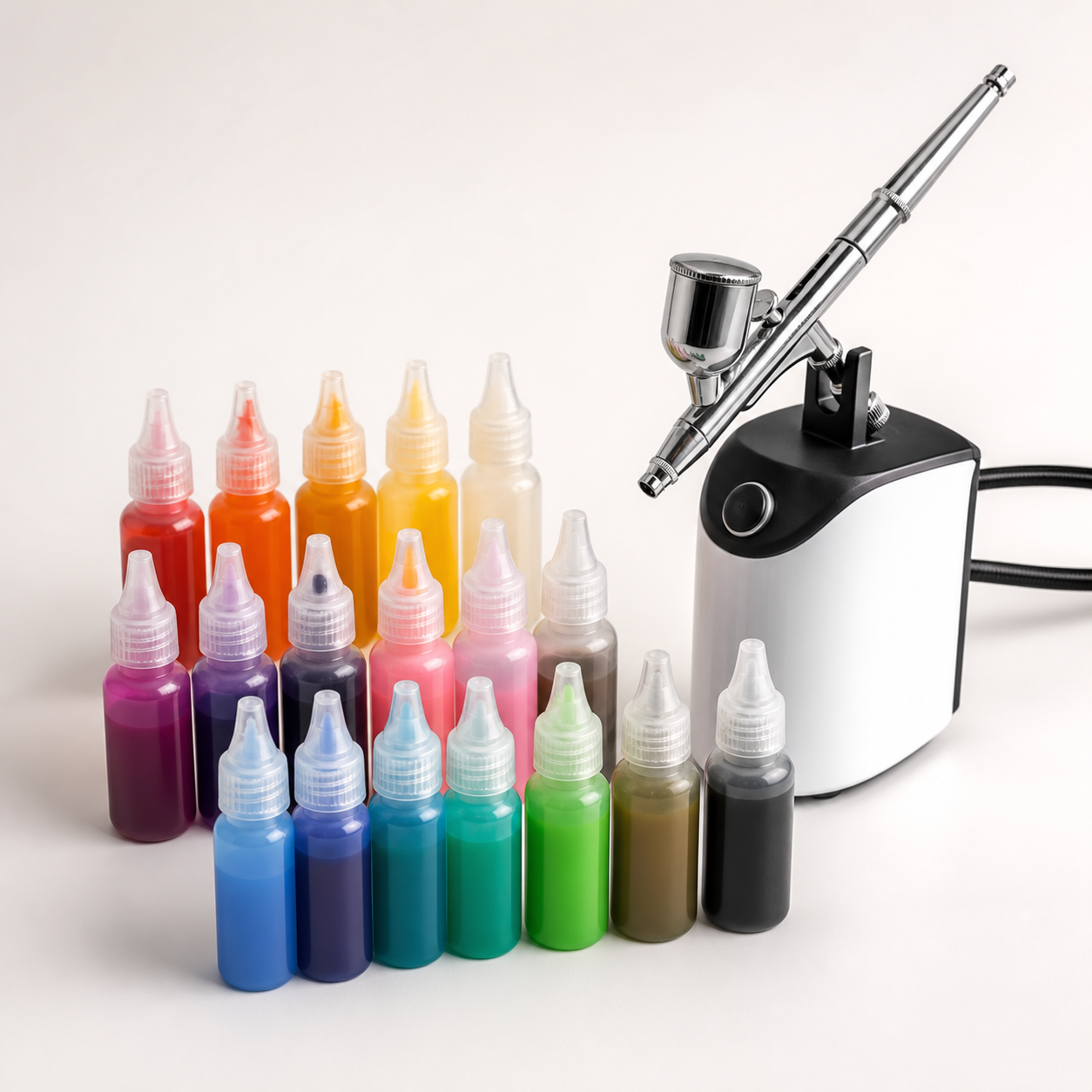 Unbranded edible airbrush colour bottles with compact cake airbrush tool