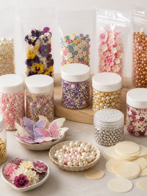 Sugar pearls edible flowers confetti dragees and wafer decorations