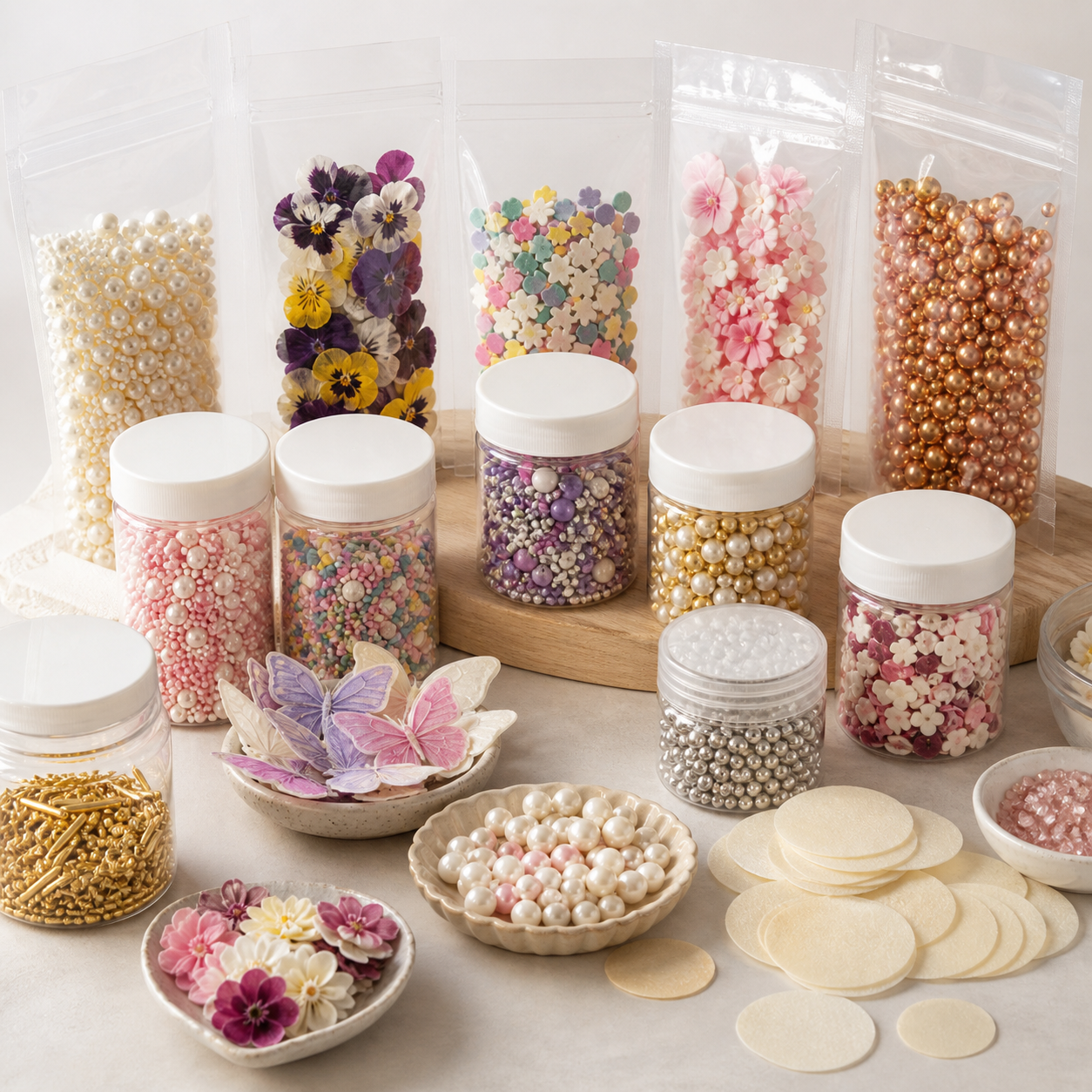 Sugar pearls edible flowers confetti dragees and wafer decorations