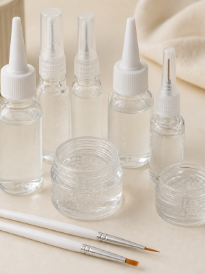 Clear edible cake decorating glue in fine applicator bottles and jars