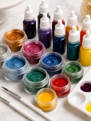 Assorted edible cake decorating paints in jars and dropper bottles