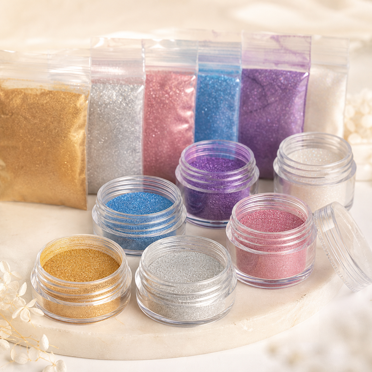 Fine food-safe edible glitter powders in assorted metallic and pearl colours