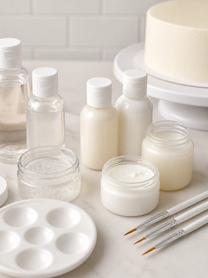 Clear and opaque neutral edible paint mixing bases with palette and brushes