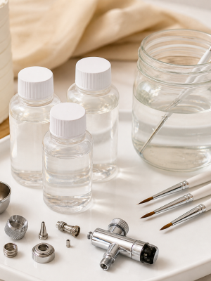 Edible paint and airbrush cleaning liquid with brushes and nozzle components