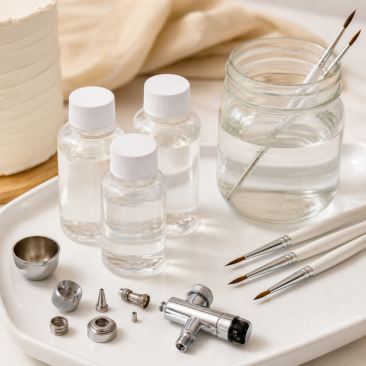 Edible paint and airbrush cleaning liquid with brushes and nozzle components