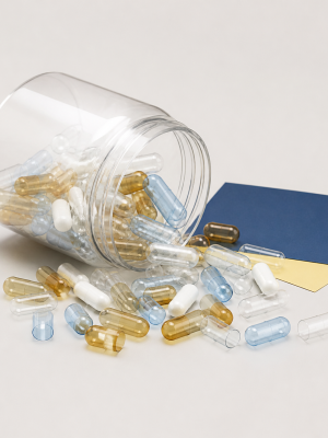 Empty two-piece hard gel capsule shells in assorted colours