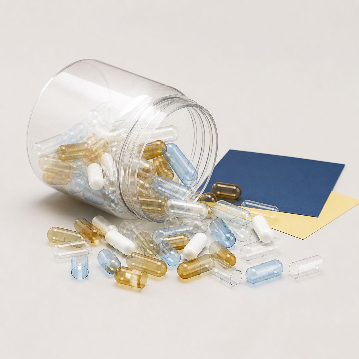 Empty two-piece hard gel capsule shells in assorted colours