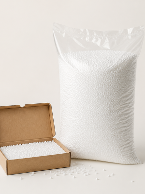 White expanded polystyrene foam beads supplied in a clear bulk bag