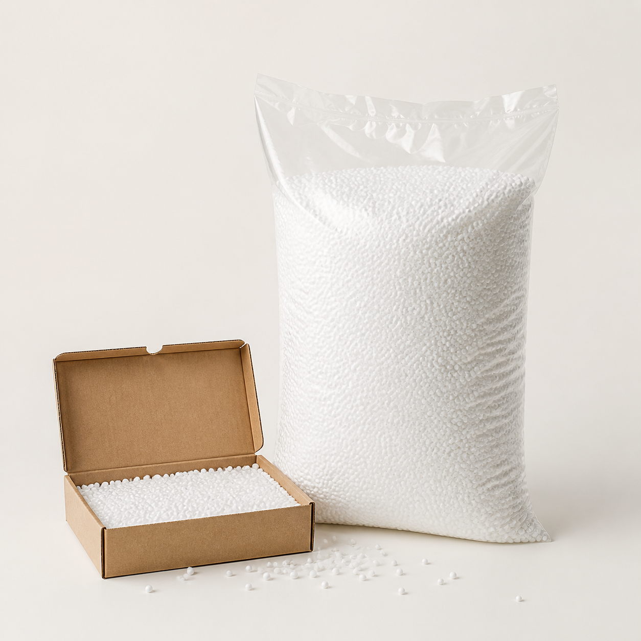 White expanded polystyrene foam beads supplied in a clear bulk bag
