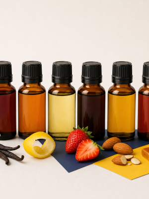 Assorted concentrated culinary food flavourings in amber bottles