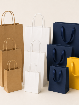 Plain paper gift bags in kraft white navy and yellow with handles