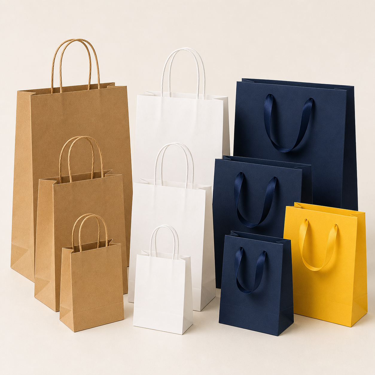 Plain paper gift bags in kraft white navy and yellow with handles