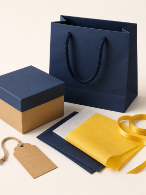 Coordinated assortment of gift box bag tissue ribbon and tag packaging