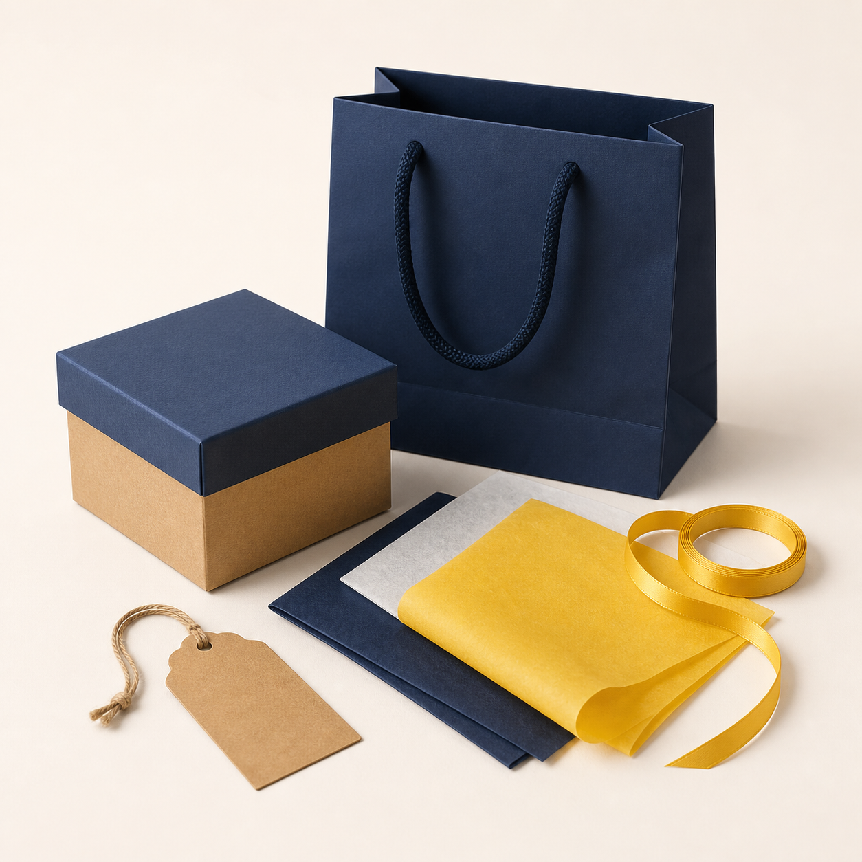 Coordinated assortment of gift box bag tissue ribbon and tag packaging