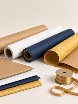 Gift wrapping paper rolls sheets and ribbon in assorted colours
