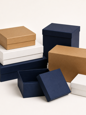 Rigid gift boxes in kraft white and navy with lift-off lids