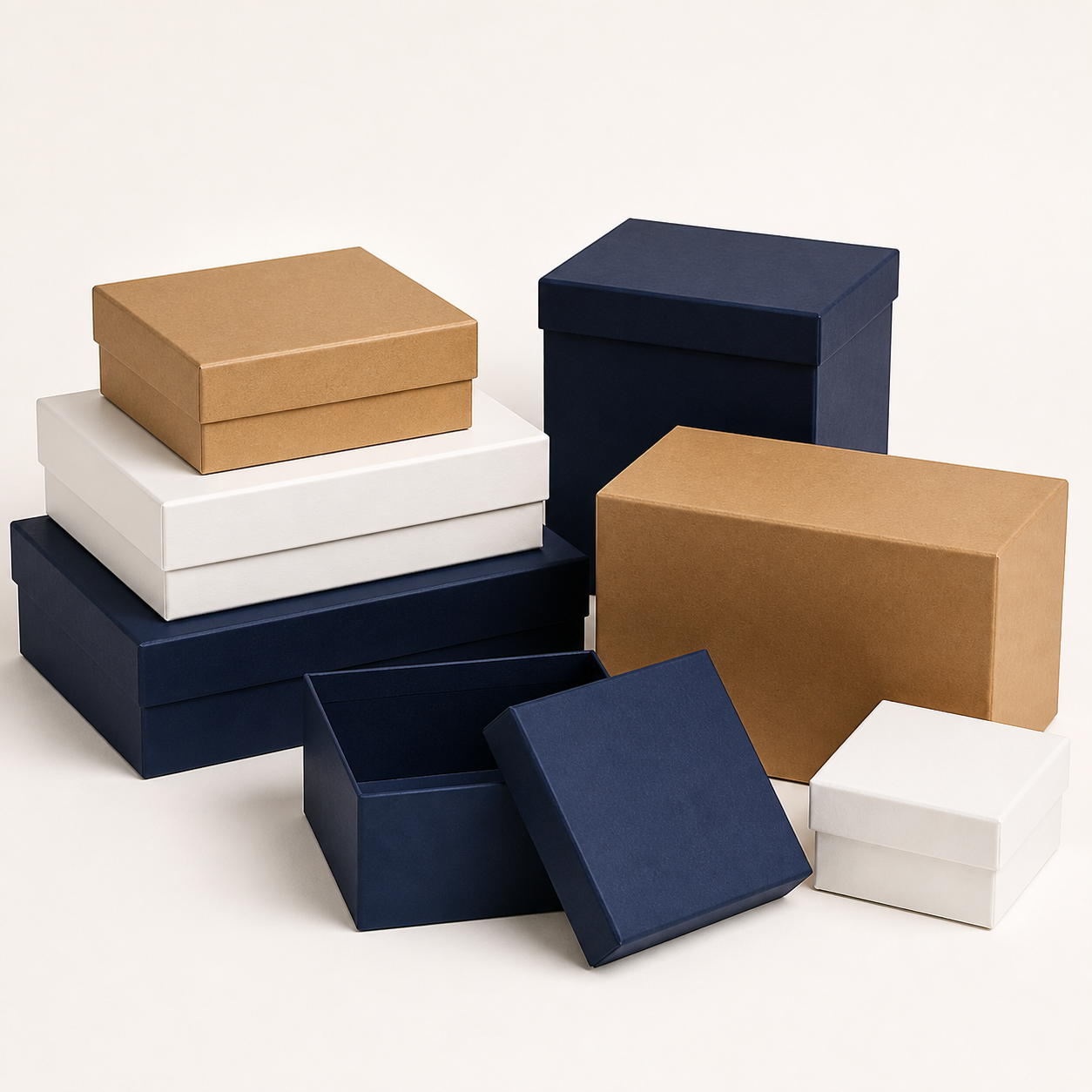 Rigid gift boxes in kraft white and navy with lift-off lids
