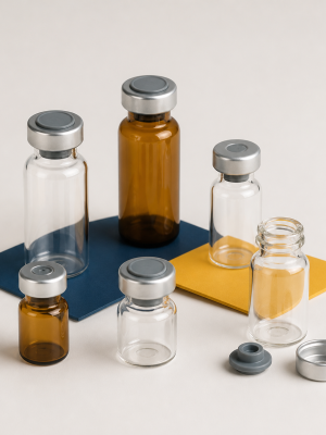 Empty clear and amber glass vials with stoppers and crimp caps