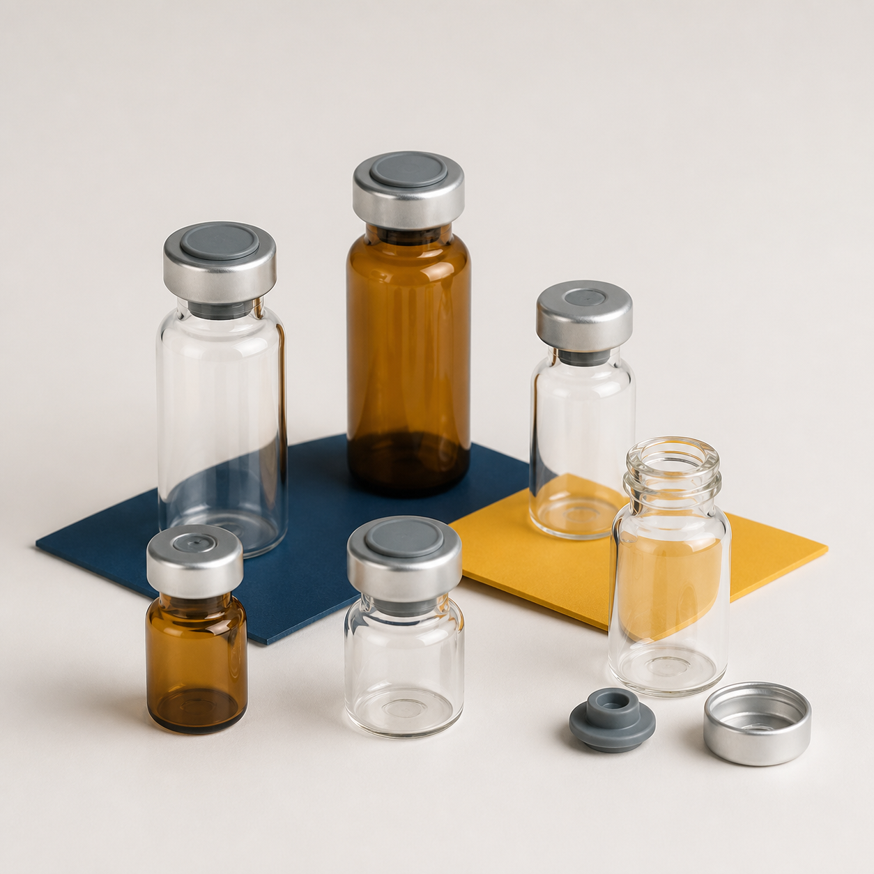 Empty clear and amber glass vials with stoppers and crimp caps