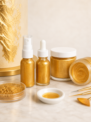Metallic gold edible finishing sheen in spray dropper and jar formats