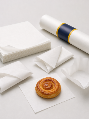 White greaseproof food wrapping paper in sheets and roll