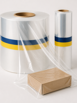 Clear heat-shrink packaging film rolls and sheet