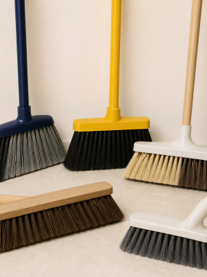 Indoor outdoor and angled sweeping brooms with assorted bristle types