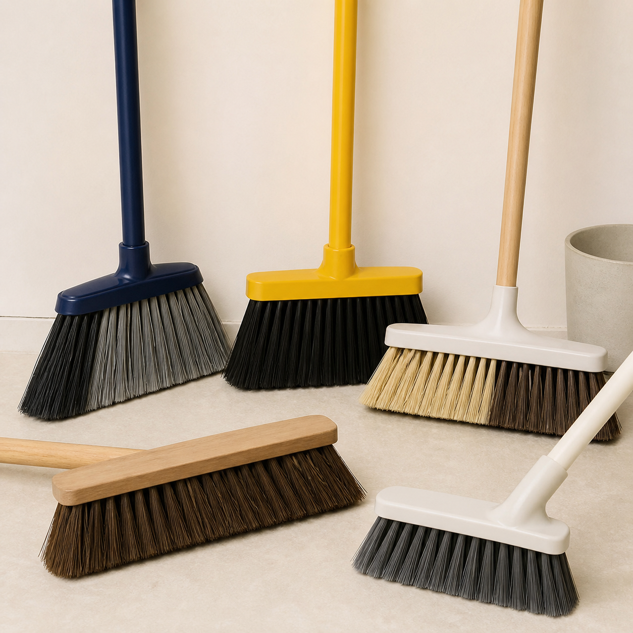 Indoor outdoor and angled sweeping brooms with assorted bristle types