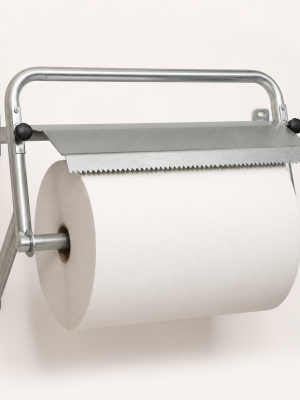 Wall-mounted galvanised steel Impi paper roll dispenser with serrated tear edge