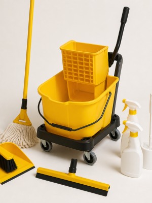 Commercial yellow mop bucket wringer trolley with mop brushes dustpan squeegee and spray bottles