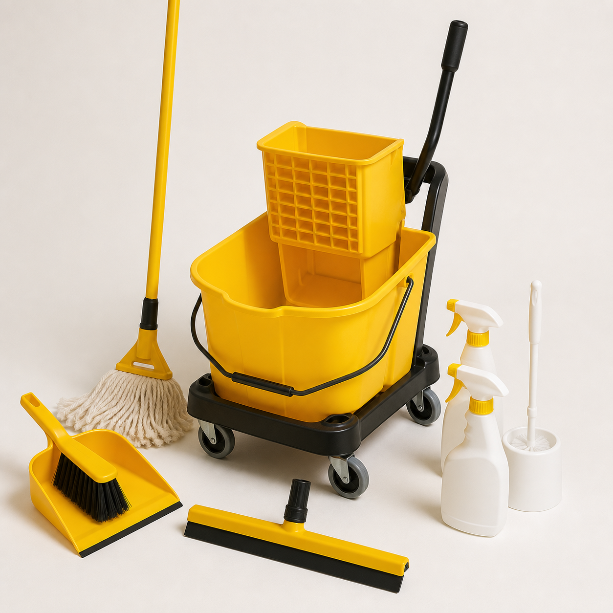 Commercial yellow mop bucket wringer trolley with mop brushes dustpan squeegee and spray bottles