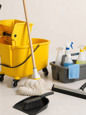 Professional mop bucket caddy squeegee dustpan brushes and spray bottles