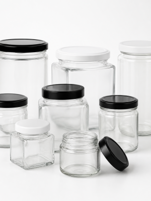 Clear glass jars in round square and straight-sided forms with plain lids