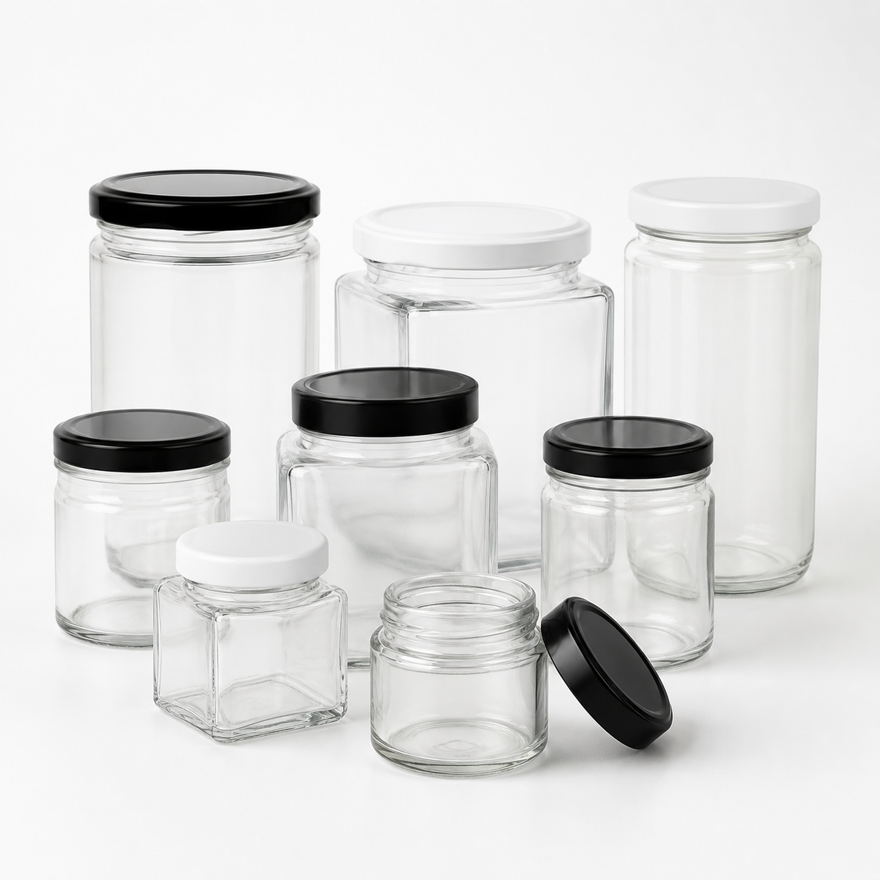 Clear glass jars in round square and straight-sided forms with plain lids