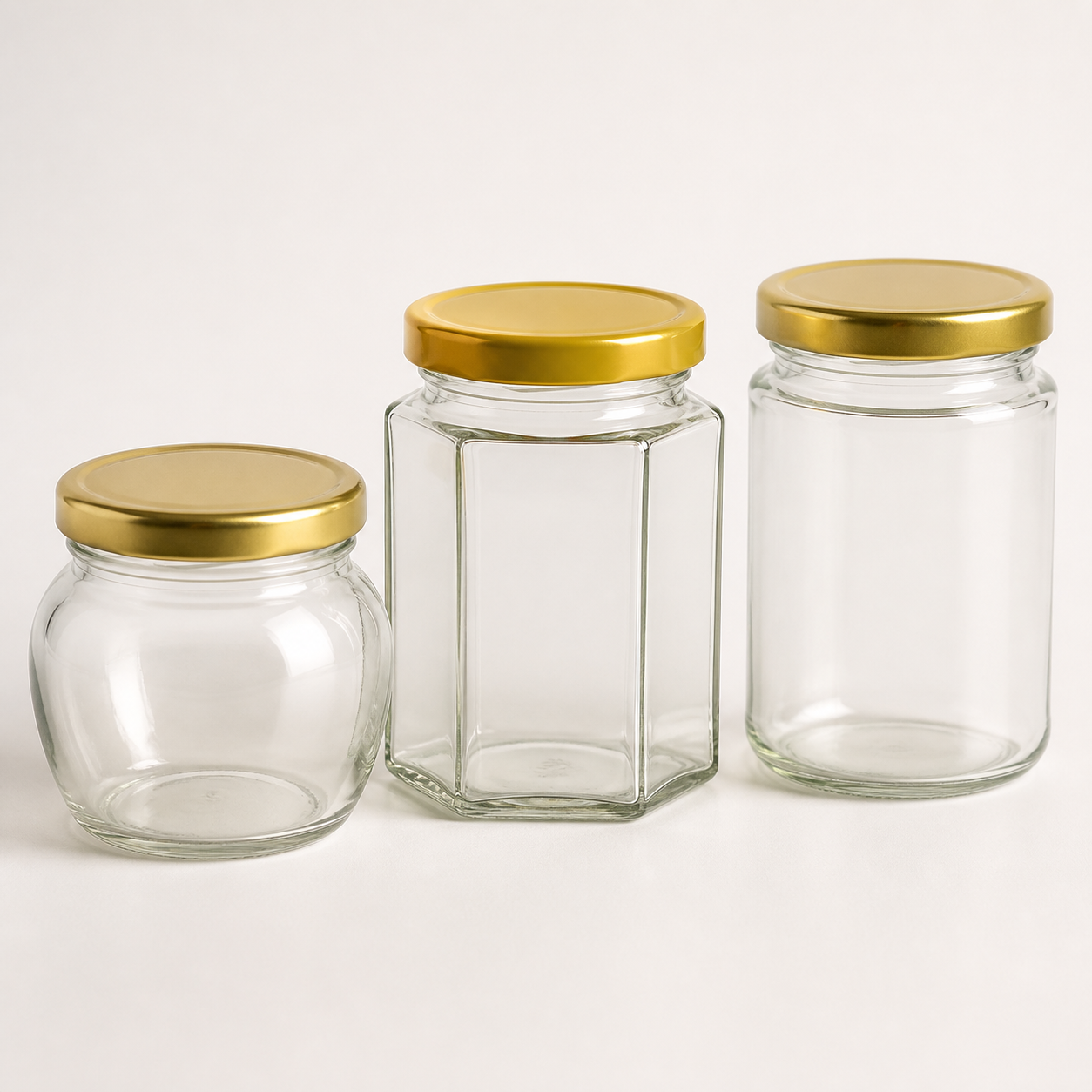 Empty clear round hexagonal and straight-sided honey jars with gold lids