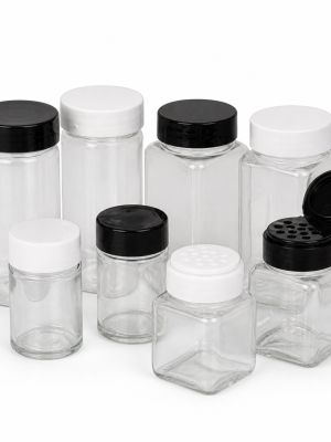 Empty clear spice jars with plain shaker caps