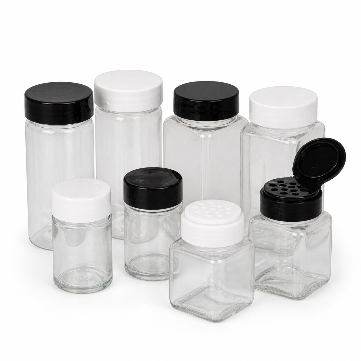 Empty clear spice jars with plain shaker caps