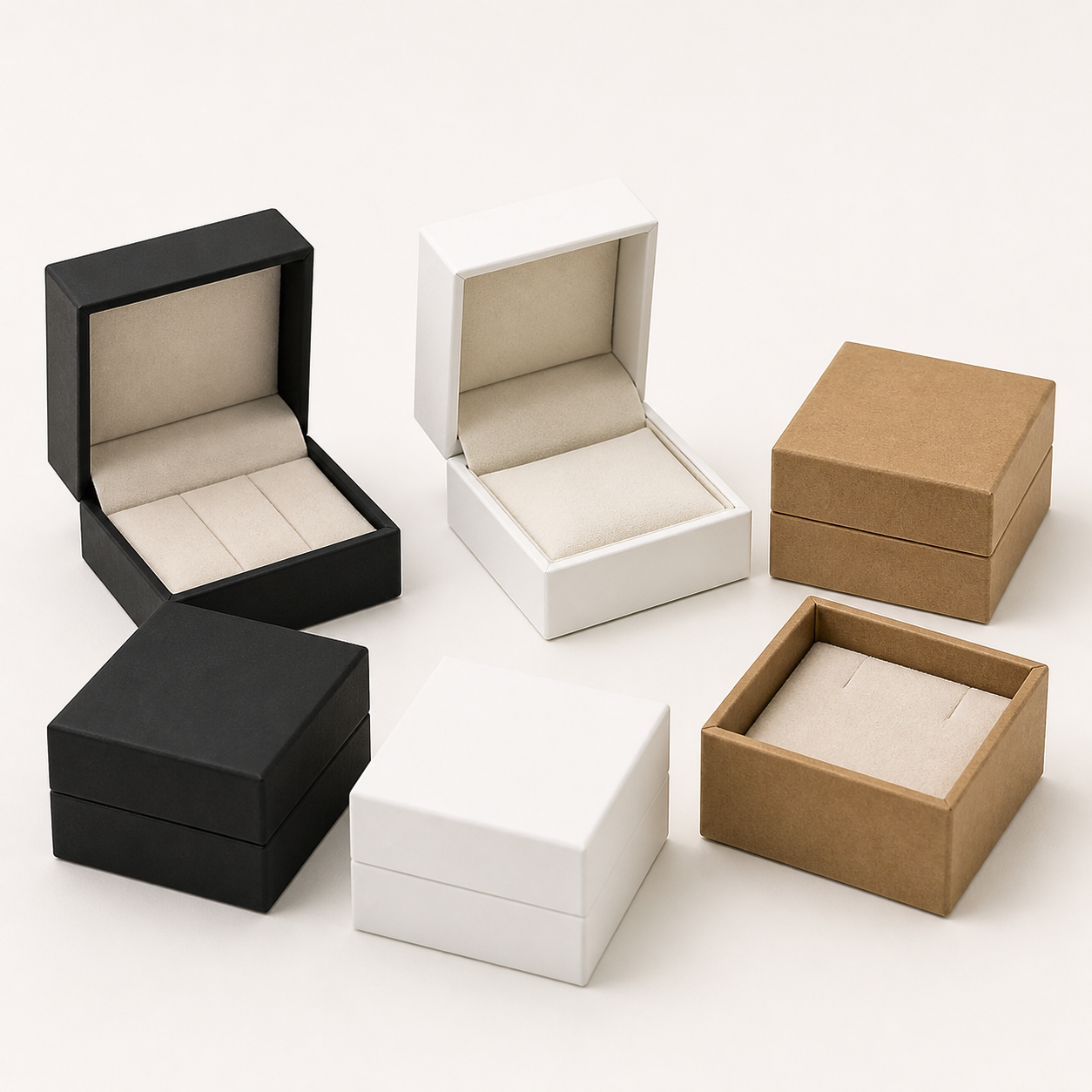 Small jewellery presentation boxes with soft neutral inserts