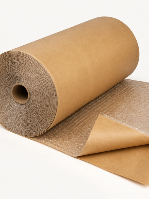 Brown kraft-paper-backed bubble wrap with clear cushioning layer